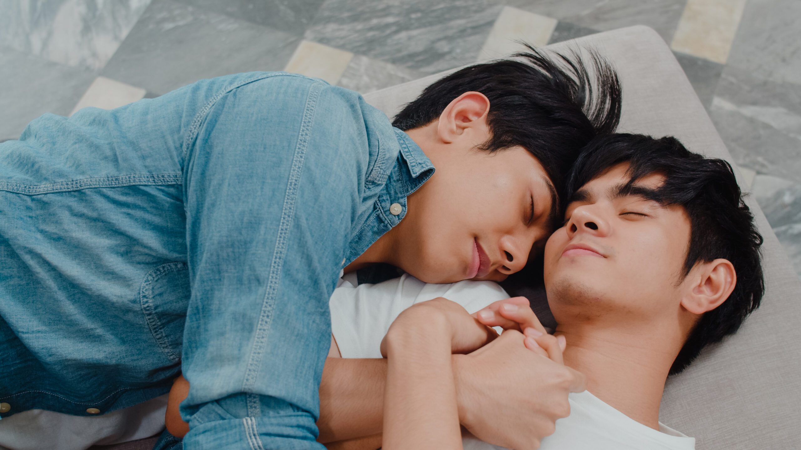Young,Asian,Gay,Couple,Sleep,Together,At,Home.,Teen,Korean